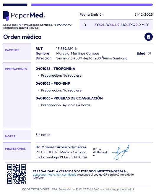 Ejemplo de orden médica digital creada en PaperMed