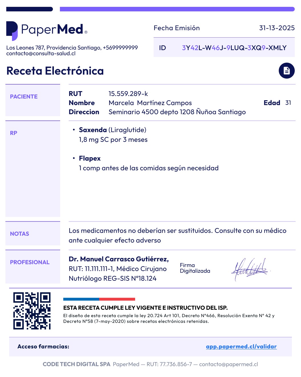 Ejemplo de receta médica electrónica generada en PaperMed
