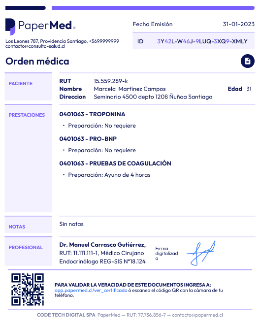 Orden médica digital generada en PaperMed