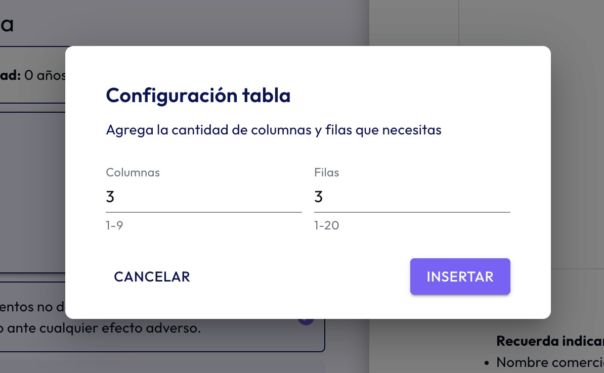Tabla clínica dentro de un documento de PaperMed
